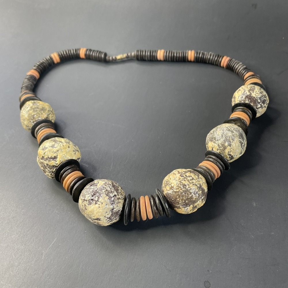 Vintage Bohemian Wooden Disc Necklace Boho Brown Resin Bead Chunky‎ Statement